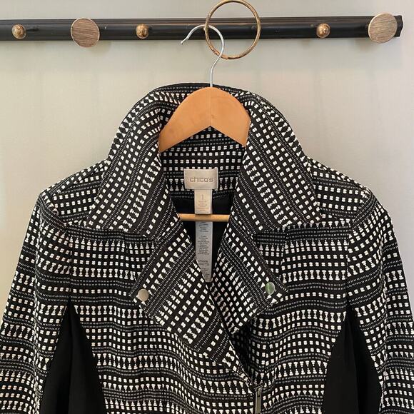 Chico’s 1 (M 8/10) Geometric Moto Jacket | Black & White, Lined, Zip-up, NWOT - Picture 5 of 7